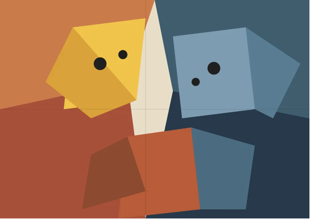 "Amor x carência afetiva — ilustração cubista de dois rostos fragmentados representando a tensão entre vínculo verdadeiro e dependência emocional"